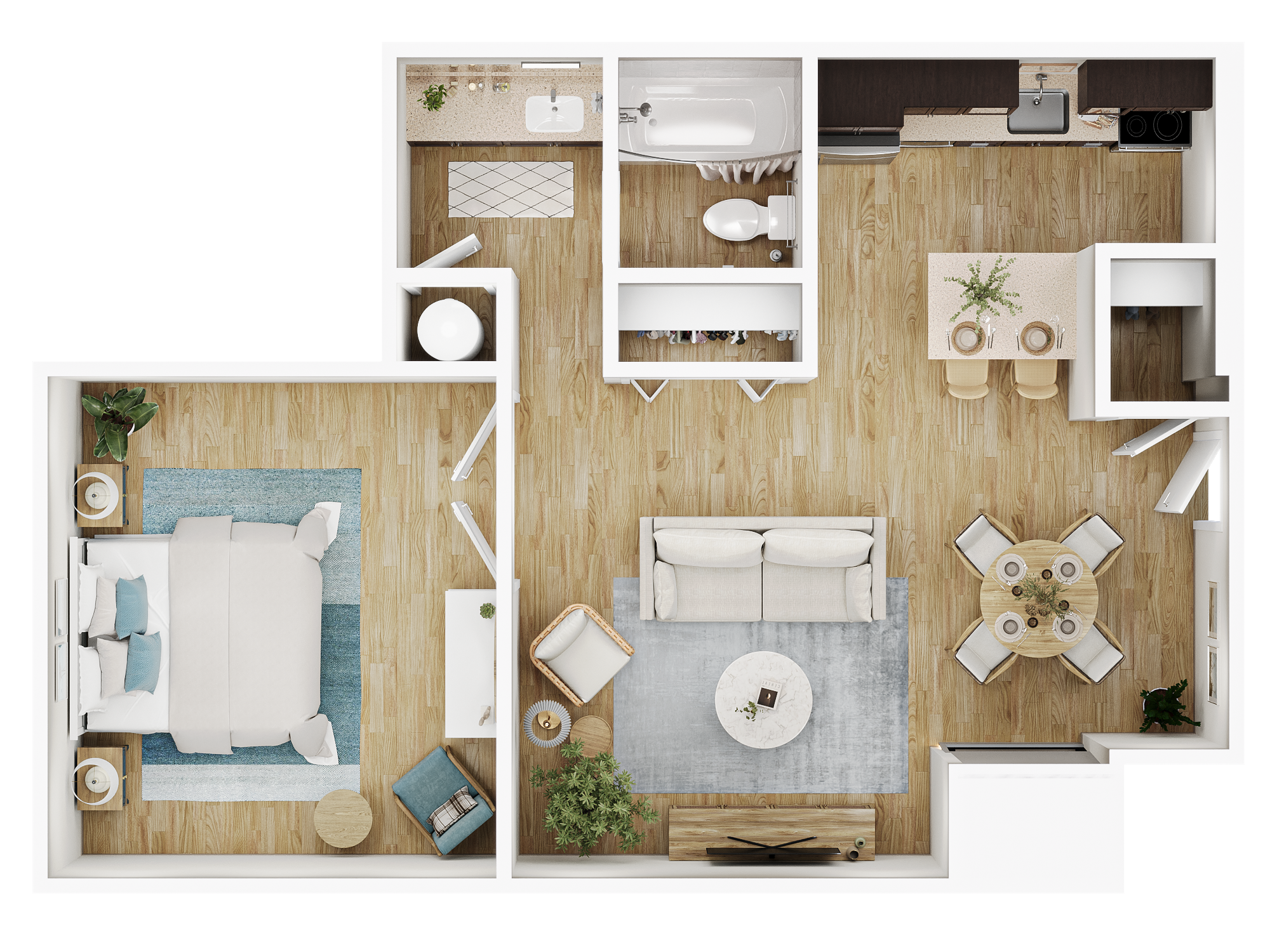 Top-down view of a modern apartment floor plan showing kitchen, dining area, living room, bedroom, and bathroom.