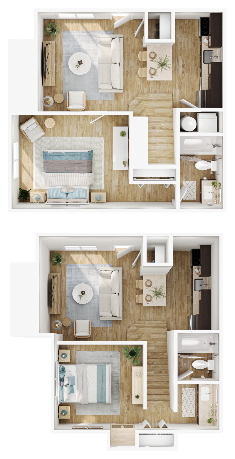 Two-story apartment floor plan with stairs between levels: upper level features a living room with sofa and rug, a dining area, and a kitchen with island; lower level includes two bedrooms and bathrooms with laundry area nearby.